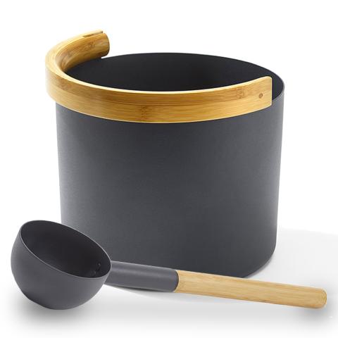 KOLO Sauna Set 2 Sauna Bucket with curved handle and Ladle, Bamboo/Aluminum, 1Gal